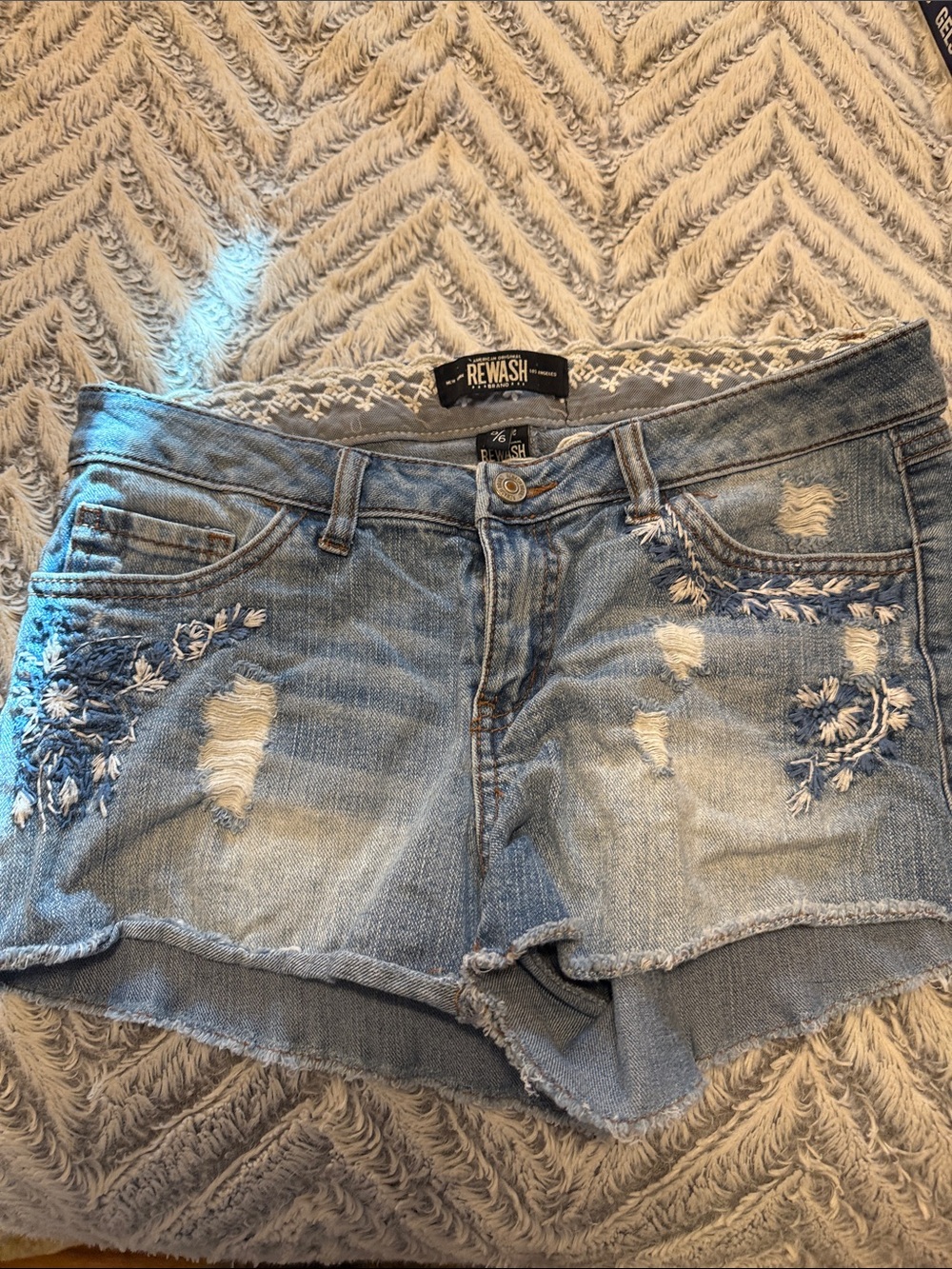 Rewash Light Blue Embroidered Denim Cutoff Shorts